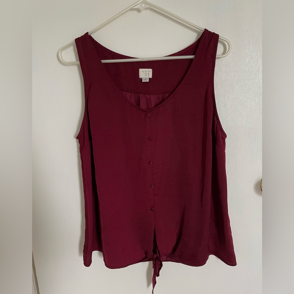 Burgundy/Maroon Button Front Silky Tank Top with Tie Front Detail